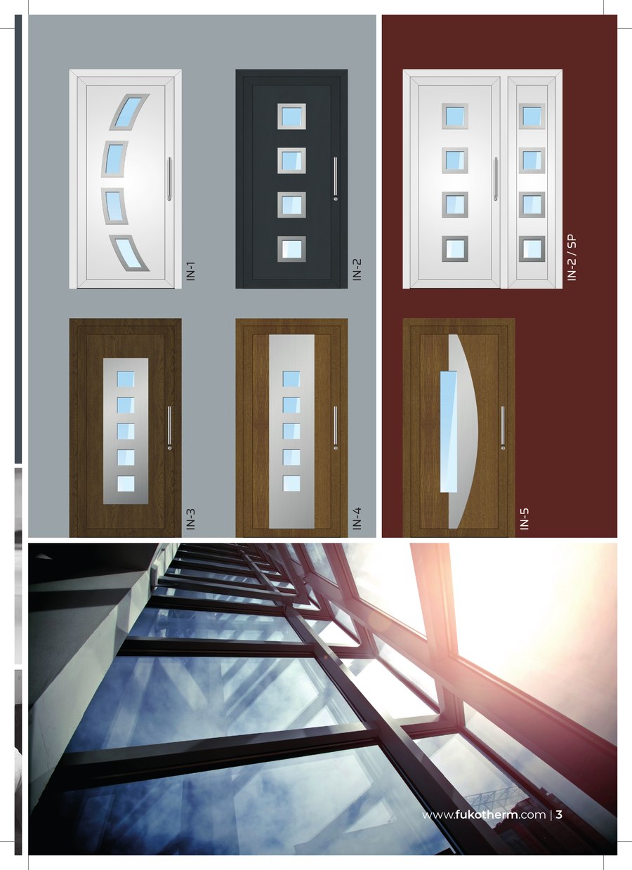 Fukotherm ajtópanel-minták, INOX-rátétes sorozat, IN-1 – IN-5