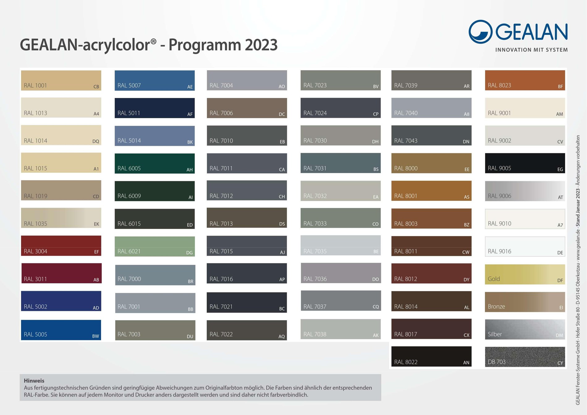 GEALAN-acrylcolor színskála 2023, RAL színkódokkal ellátva