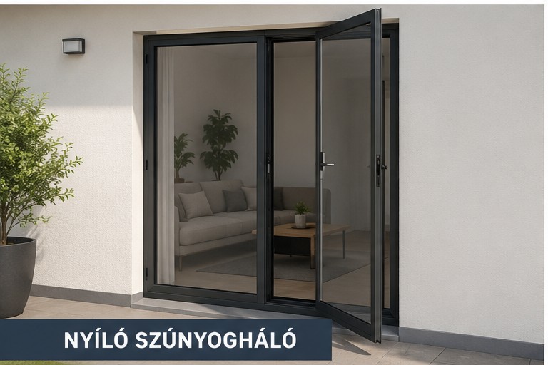 Nyíló szúnyogháló, ajtószerűen nyitott állapotban teraszajtón